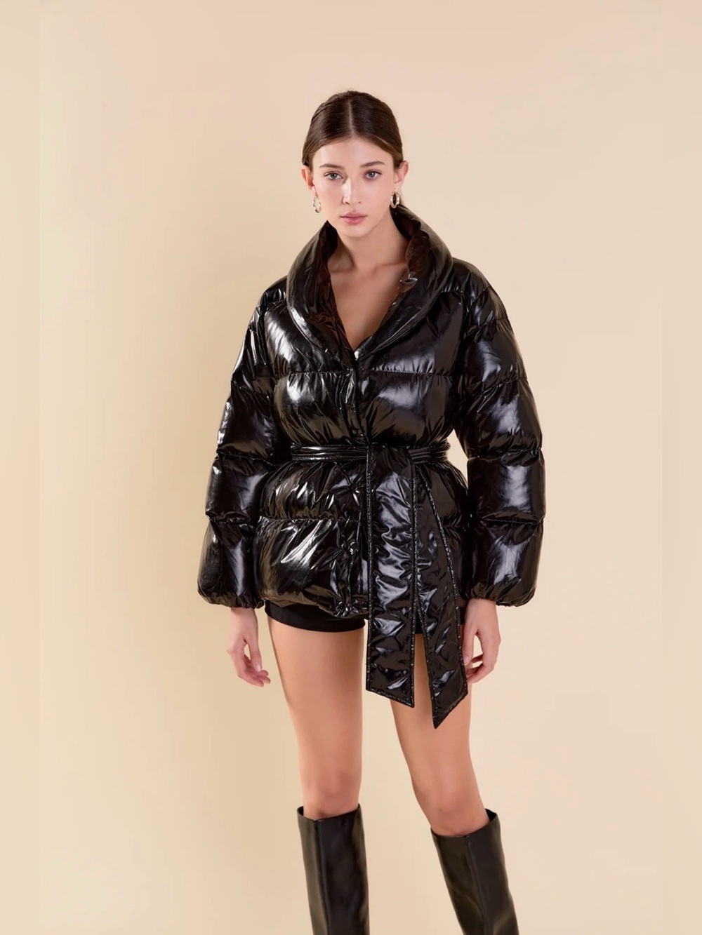 Endless Rose Shiny Black Quilted Belted Puffer Jacket